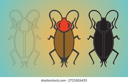 Uma linha horizontal de três ilustrações de besouro é mostrada em um fundo de gradiente. Da esquerda para a direita, há um desenho de contorno preto, uma versão colorida com uma cabeça vermelha e corpo marrom, e uma silhueta preta sólida.