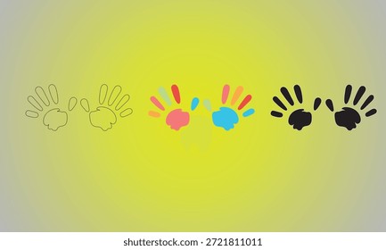 Uma linha horizontal de três conjuntos de impressões é mostrada contra um fundo amarelo-verde claro. Da esquerda para a direita, há contornos pretos, tintas com dedos multicoloridos e silhuetas pretas sólidas.