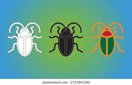 A horizontal row of three stylized beetle icons is presented on a gradient blue and green background. From left to right, they are a white outline beetle, a black silhouette beetle with a white border, and a multi-colored beetle with orange, green, and red sections.