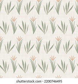 Filas horizontales de flores marrones. Tulipanes y hojas. Patrón de repetición regular. Textura de fibras de lino. Fondo vectorial para tarjetas, envoltura o papel tapiz.