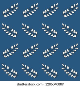 horizontal rows of leaves on blue background monochrome graphic nature floral seamless pattern