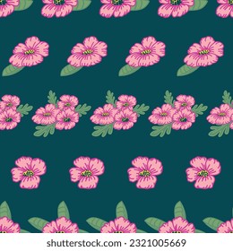 Horizontal rows of pink flowers cover this charcoal black background creating this seamless repeat pattern design.