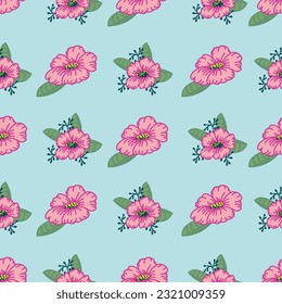 Horizontal rows of pink flowers on a lovely blue background to create a seamless repeat pattern design.