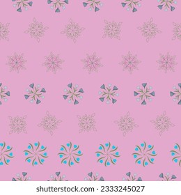 Horizontal rows of wheels of blue tulips, purple lilies, green line art leaves, and pink peonies are placed on a pink background creating this seamless repeat pattern design.