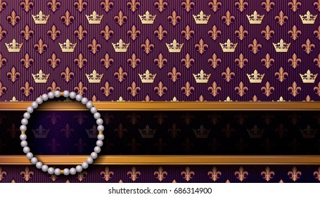 Horizontal Royal background with a round pearl necklace. Vector illustration.