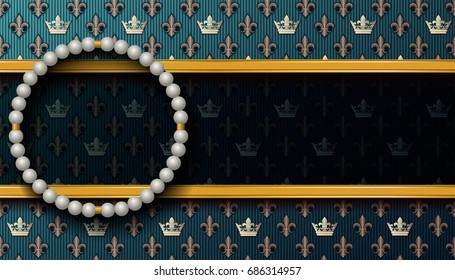 Horizontal Royal background with a round pearl necklace. Vector illustration.