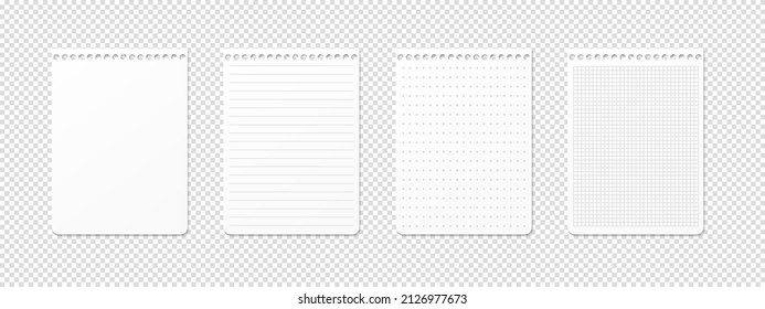 Horizontal ruled, lined, gridded, checkered grid, dotted and empty sheets on transparent background. Realistic sheet for horizontal spiral notepad. Vector illustration. Top view
