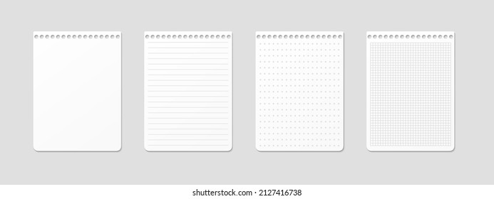 Horizontal ruled, lined, gridded, checkered grid, dotted and empty sheets on gray isolated background. Realistic sheet for horizontal spiral notepad. Vector illustration. Top view