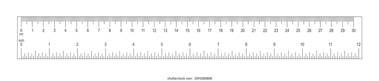Regla horizontal con escala de 30 centímetros y 12 pulgadas. Gráfica de medición con marcado y números. Herramienta de medición de distancia, altura o longitud aislada sobre fondo blanco. Ilustración gráfica vectorial.