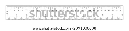 Horizontal ruler with 30 centimeter and 12 inch scale. Measuring chart with markup and numbers. Distance, height or length measurement tool isolated on white background. Vector graphic illustration.