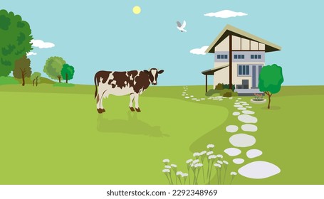 horizontal rural landscape with a house and a cow. countryside in flat style vector. sunny day on the farm. a dove is flying in the sky. trees, stone path, flower bed, flowers.