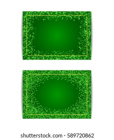Horizontal Saint Patricks Day banner template set with green clover confetti. Square and oval frames of shamrock leaves with golden glitter. Template for greeting card, flyer, party invitation.