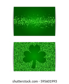 Horizontal Saint Patricks Day banner template set with green clover confetti. Silhouette frame and stripe of shamrock leaves with place for text. Template for greeting card, flyer, party invitation.