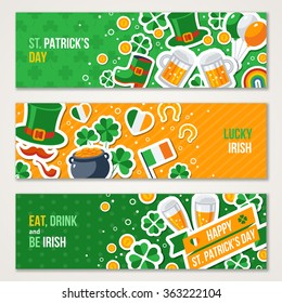 Horizontal Saint Patrick's Day Banners Set with Irish Stickers Symbols in Flat Style. Vector Illustration.