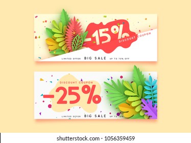 Horizontal sale banner border. Discount coupon cards, headers website. Vector design paper art. Price offer posters, flyers brochure. Design of tropical leaves of different colors in style paper art