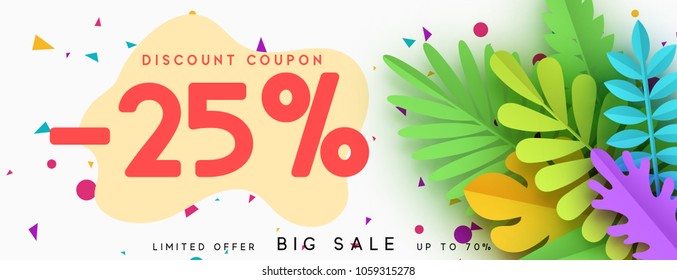 Horizontal sale banner border. Discount coupon cards, headers website. Vector design paper art. Price offer posters, flyers brochure. Design of tropical leaves of different colors in style paper art