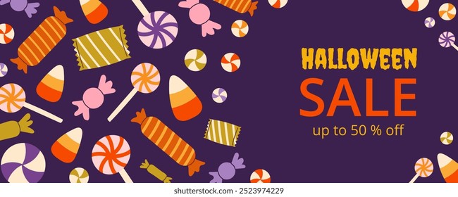 Horizontal Sale banner for Halloween on purple background. Various hand drawn colorful candies, lollipop. Template for wallpaper, cover, label, advertising, web