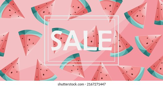 Horizontal sale banner, template for advertising. bright background of tropical fruits. Vector banner in modern design with watermelon slices.