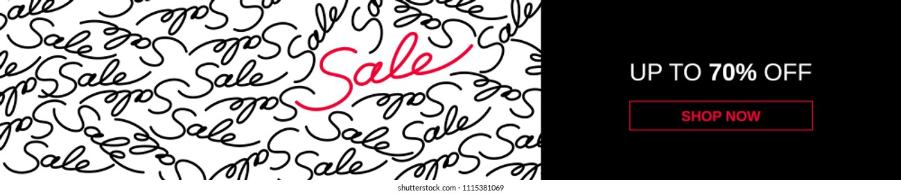 Horizontal sale banner template for online shop. "Sale" words pattern on white background with red accent. Up to 70 percent off discount tag with "shop now" button. Cursive lettering texture.