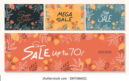 Horizontal sale banner template in various different colors. Floral elements background. Black, yellow, orange, blue. Supersale for social media cover, banner, ad, marketing... Vector illustration
