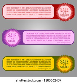 Horizontal sale banner in three different color palettes with a round element, with the option to specify the discount amount. Red, purple and marsh yellow. Soft forms. Vector illustration of EPS10