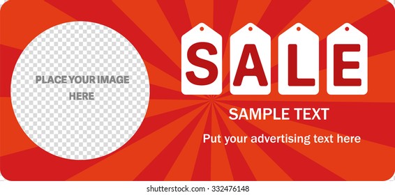 Horizontal sale banner with transparent hole for image. Letters Sale are on white labels. In red color with orange stripes. 