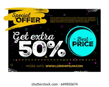 Horizontal Sale Poster Design. Special Offer Tag and Best Price Label on Black Background with Grunge Texture and Memphis Style Pattern. Vector Template for Market, Flyer, Banner, Advertising.