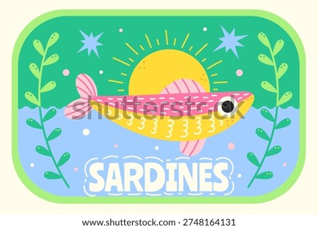 Horizontal sardine label with rising sun and pink fish, retro seafood tin design with seaweed, nautical doodle illustration vector.