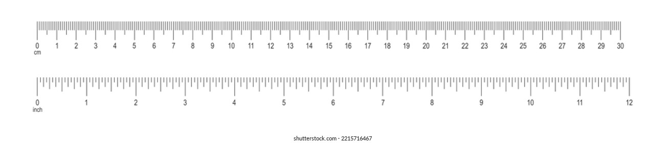 Horizontal scale with 12 inch and 30 centimeter markup and numbers. Measuring charts of metric and imperial unit. Distance, height or length measurement tool templates. Vector graphic illustration