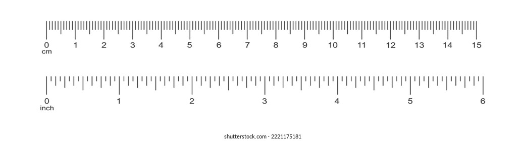 Horizontal scale with 6 inch and 15 centimeter markup and numbers. Measuring chart of metric and imperial units. Distance, height or length measurement tool templates. Vector graphic illustration