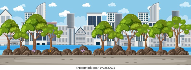 Horizontal scene with cityscape background at day time illustration
