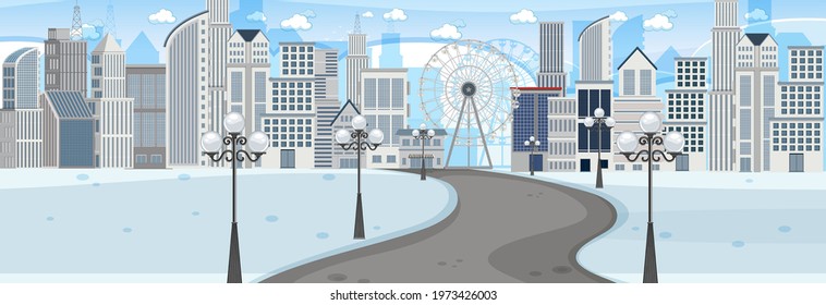 Horizontal scene at day time with long road through snow park into the city illustration