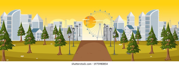 Horizontal scene with long road through the park into the town at sunrise time illustration