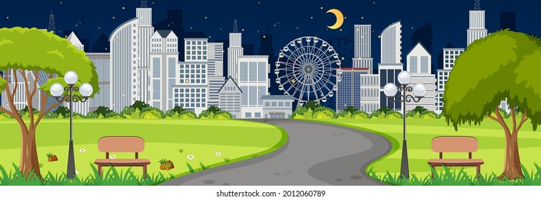 Horizontal scene with long road through the park into the town at night time illustration