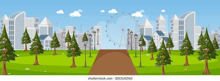 Escena horizontal con un largo camino a través del parque hacia la ciudad en la ilustración del día