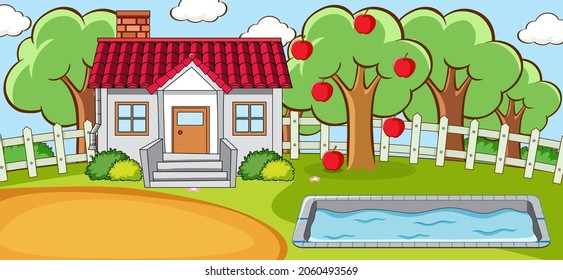 Escena horizontal con una pequeña casa y una ilustración de la piscina