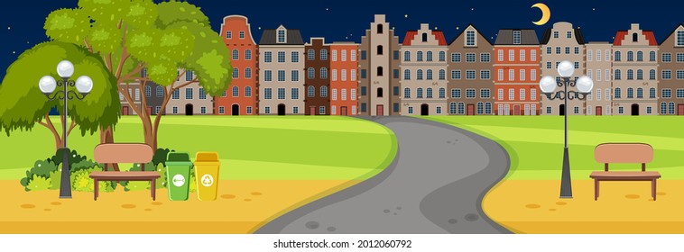 Horizontal scene at night time with long road through the park into the town illustration