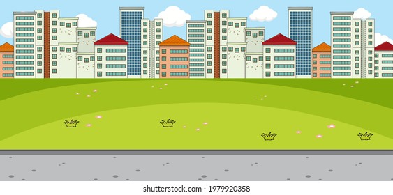 Horizontal scene with park and cityscape background illustration