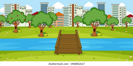 Horizontal scene with park and cityscape background illustration