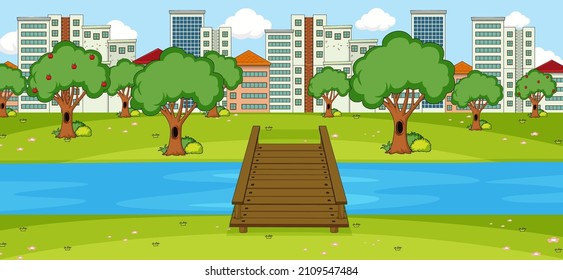 Escena horizontal con ilustración de fondo de parque y paisaje urbano