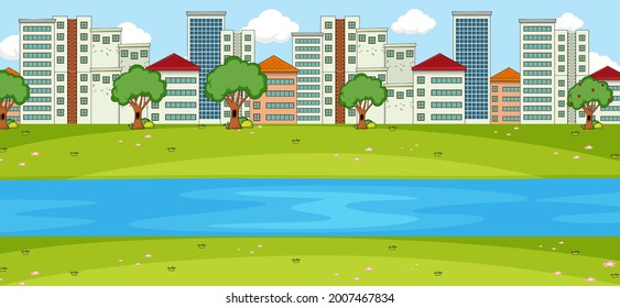 Horizontal scene with river and cityscape background illustration