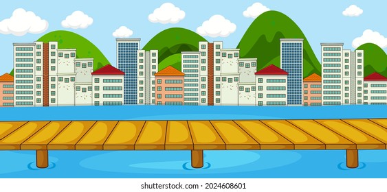 Horizontal scene with river and cityscape background illustration
