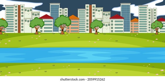 Horizontal scene with river and cityscape background illustration
