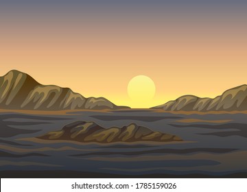 Horizontal Scenery with Sunset and Mountain Landscape Vector Illustration