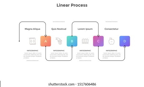 Horizontal scheme with 4 gradient colored square elements connected by arrows. Concept of four stages of business process. Flat infographic design template. Modern vector illustration for presentation