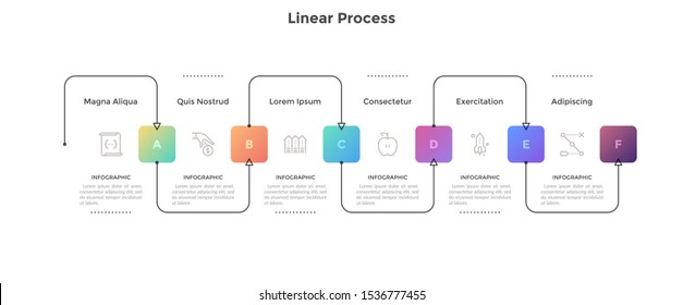 Horizontal scheme with 6 gradient colored square elements connected by arrows. Concept of six stages of business process. Flat infographic design template. Modern vector illustration for presentation.