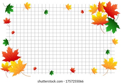 Horizontal school background copybook with autumn maple leaves of red, green, orange, yellow. Suitable for school theme, diploma, banner, poster.