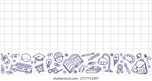 Horizontal School Doodle Frame with Education Icons, Hand Drawn Border for Back to School Banner or Teacher Announcement