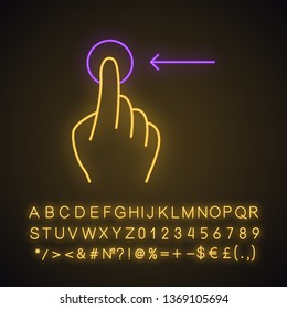 Horizontal scroll left gesturing neon light icon. Touchscreen gesture. Tap, point, click. Using sensory devices. Glowing sign with alphabet, numbers and symbols. Vector isolated illustration
