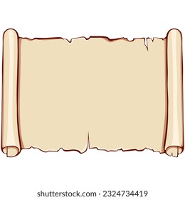 Desplazamiento horizontal de papel antiguo. Desplazamiento antiguo con espacio de copia. Ilustraciones vectoriales en estilo de dibujos animados de color aislados en blanco. Gráfico para impresión. Pergamino de carteles con espacio para texto